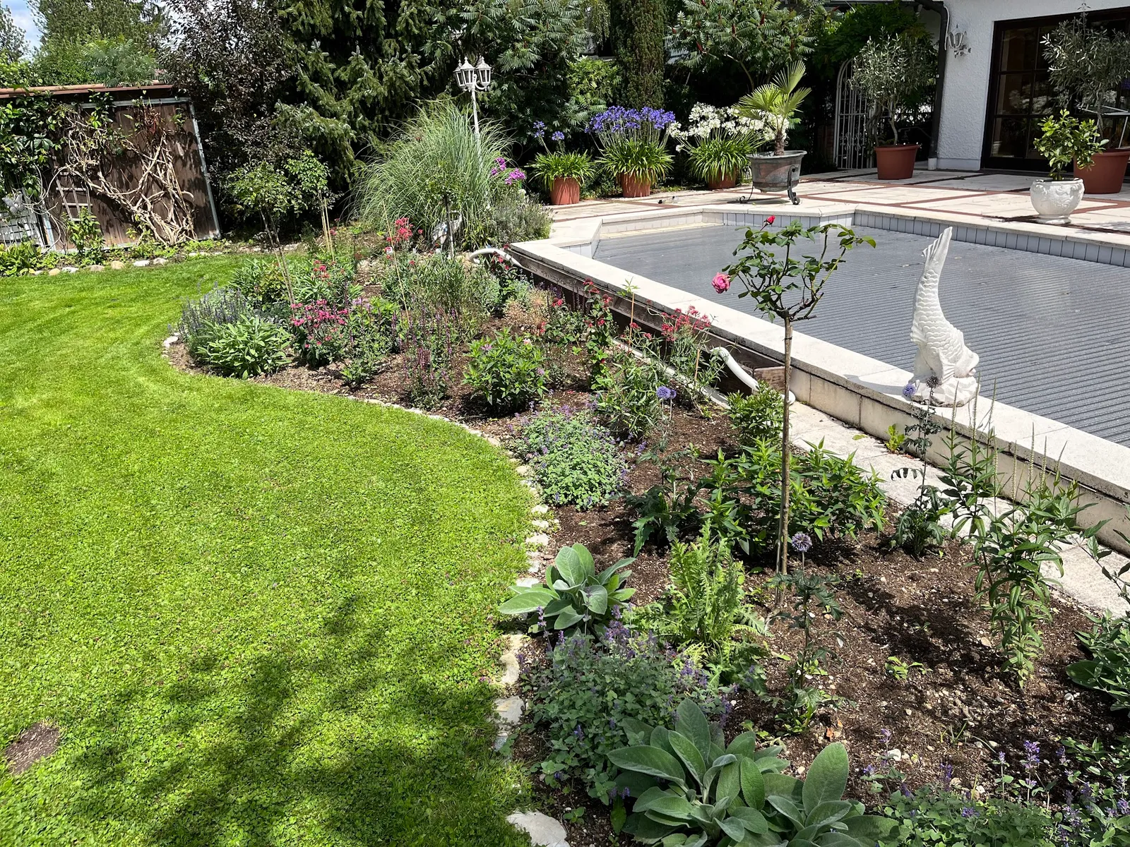Geschwungene Rasenkante mit üppigem Blumenbeet